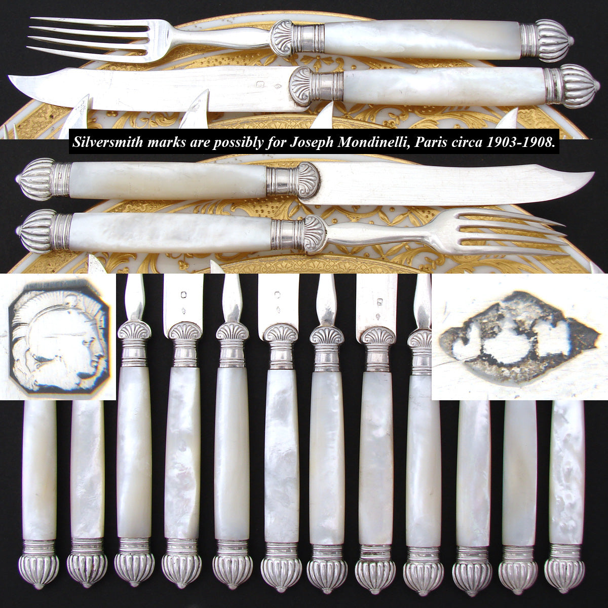 Gorgeous Antique French Sterling Silver & Mother of Pearl 12pc Fruit or Dessert Knife & Fork Set