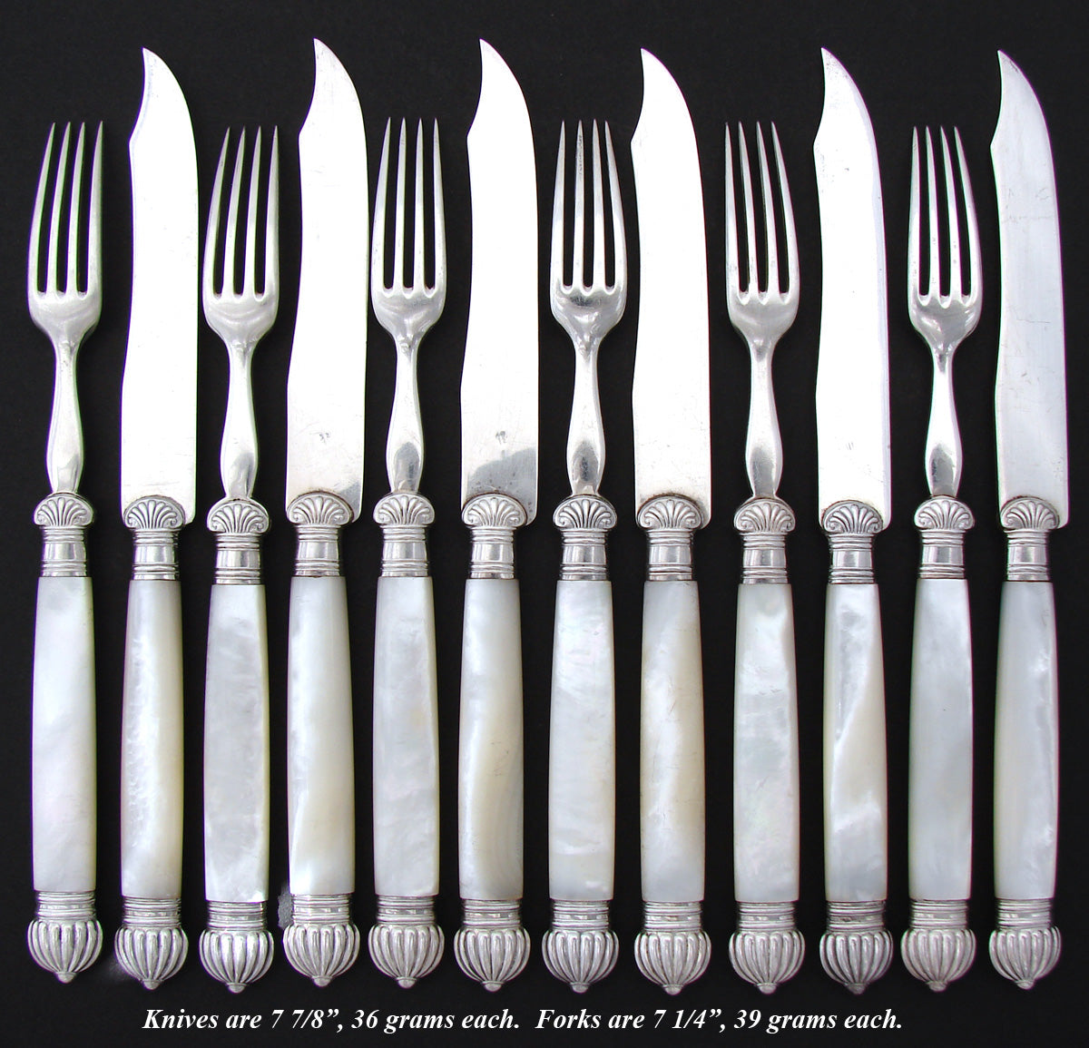 Gorgeous Antique French Sterling Silver & Mother of Pearl 12pc Fruit or Dessert Knife & Fork Set
