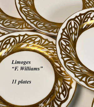 Antique Belle Epoch Hand Painted Gold on White Porcelain Plate Set of 11 Salad Plates 8.5"