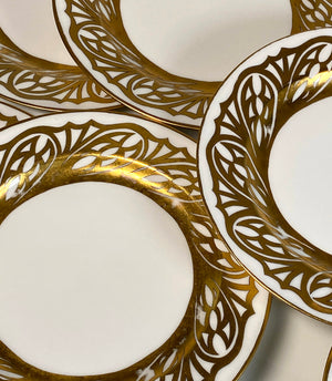 Antique Belle Epoch Hand Painted Gold on White Porcelain Plate Set of 11 Salad Plates 8.5"