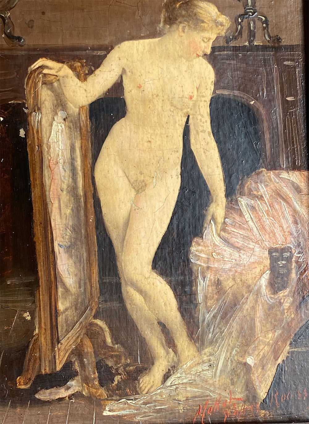 Artist Signed Antique French Miniature Oil Painting on Board Portrait of a Nude in Dressing Room Interior, Oak Frame