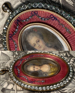 Rare Excellent Antique French Paste Gem and Guilloche Enamel Locket or Oyster Frame Portrait Miniature