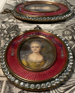 Rare Excellent Antique French Paste Gem and Guilloche Enamel Locket or Oyster Frame Portrait Miniature
