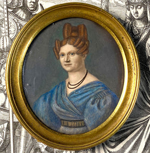 Antique French Empire to Charles X Portrait Miniature in Bronze Easel Frame, Redhead Woman