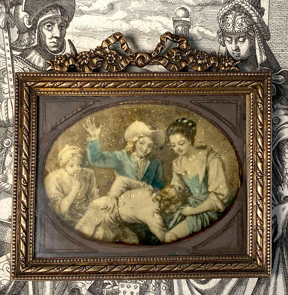 Antique French Miniature Painting, Portrait of 4 19th Century Youth Playing a game, Bronze Bowtop Frame