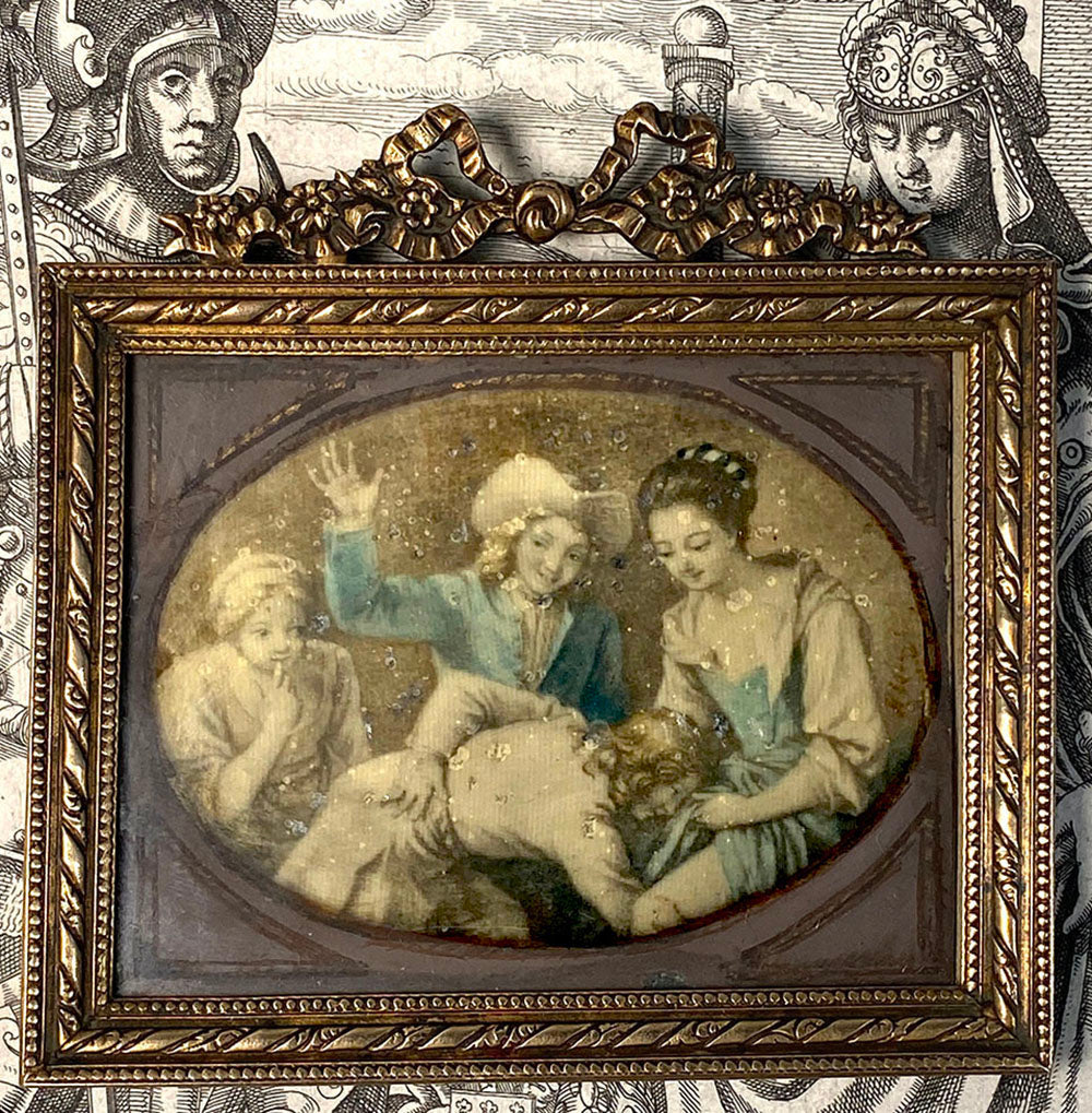 Antique French Miniature Painting, Portrait of 4 19th Century Youth Playing a game, Bronze Bowtop Frame