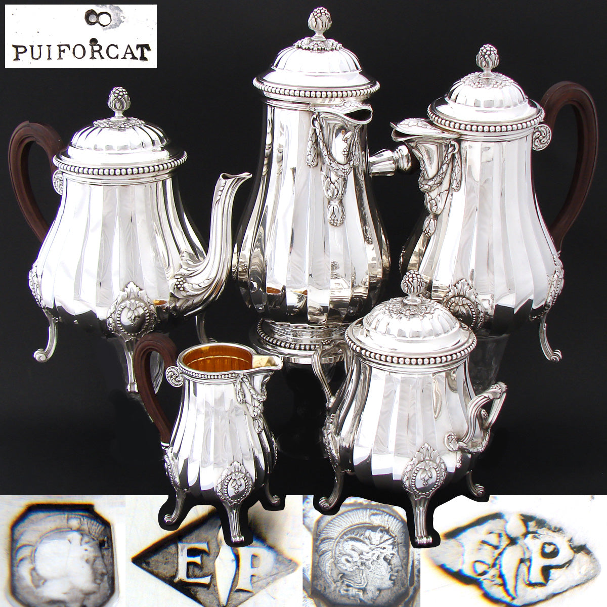 Antique French PUIFORCAT Sterling Silver 5pc Coffee & Tea Service, Set, Laurel Garland, Fluted Bodies