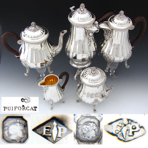Antique French PUIFORCAT Sterling Silver 5pc Coffee & Tea Service, Set, Laurel Garland, Fluted Bodies