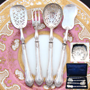 Elegant Antique French .800 (nearly sterling) Silver 4pc Hors d'Oeuvre or Condiment Implement Set, Original Box