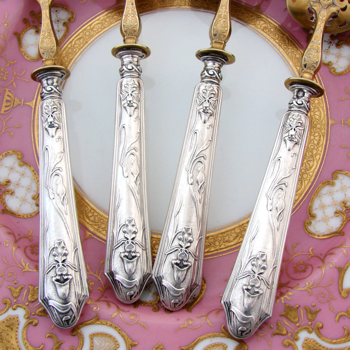 Antique French Sterling Silver 4pc Condiment or Hors d'Oeuvre Service Set, Art Nouveau Floral