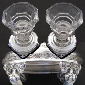 Rare Antique French Louis XVI Era Sterling Silver & Glass Open Salt Pair, Cock or Rooster Figures