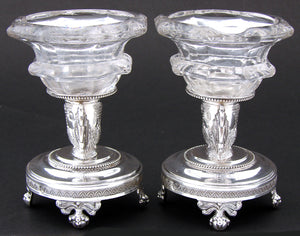 Rare Antique French Louis XVI Era Sterling Silver & Glass Open Salt Pair, Cock or Rooster Figures