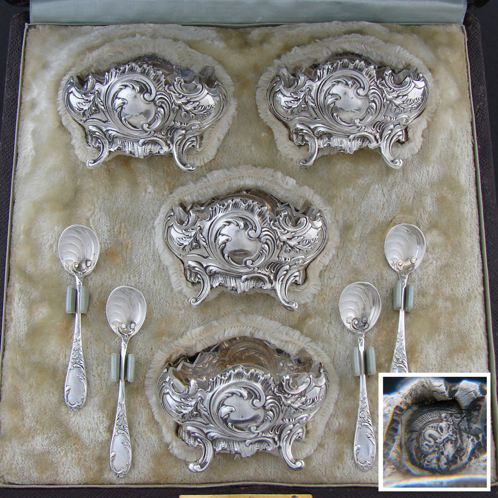 Gorgeous Antique French Rococo Sterling Silver 4pc Open Salt Set with Spoons & Original Box