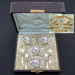 Gorgeous Antique French Rococo Sterling Silver 4pc Open Salt Set with Spoons & Original Box