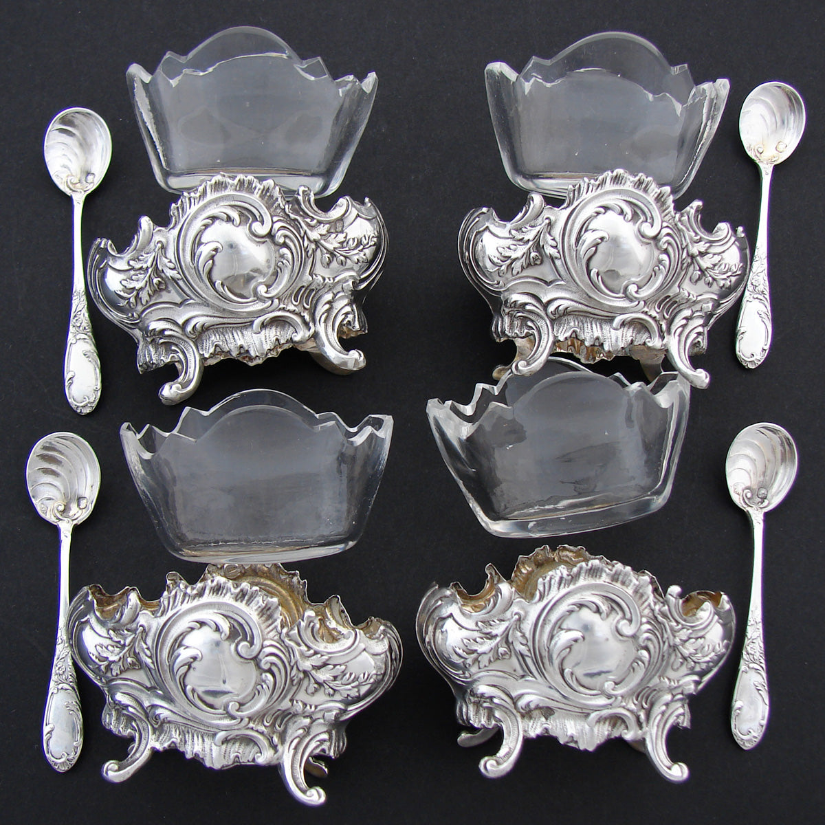 Gorgeous Antique French Rococo Sterling Silver 4pc Open Salt Set with Spoons & Original Box