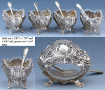 Gorgeous Antique French Rococo Sterling Silver 4pc Open Salt Set with Spoons & Original Box