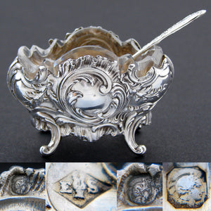 Gorgeous Antique French Rococo Sterling Silver 4pc Open Salt Set with Spoons & Original Box