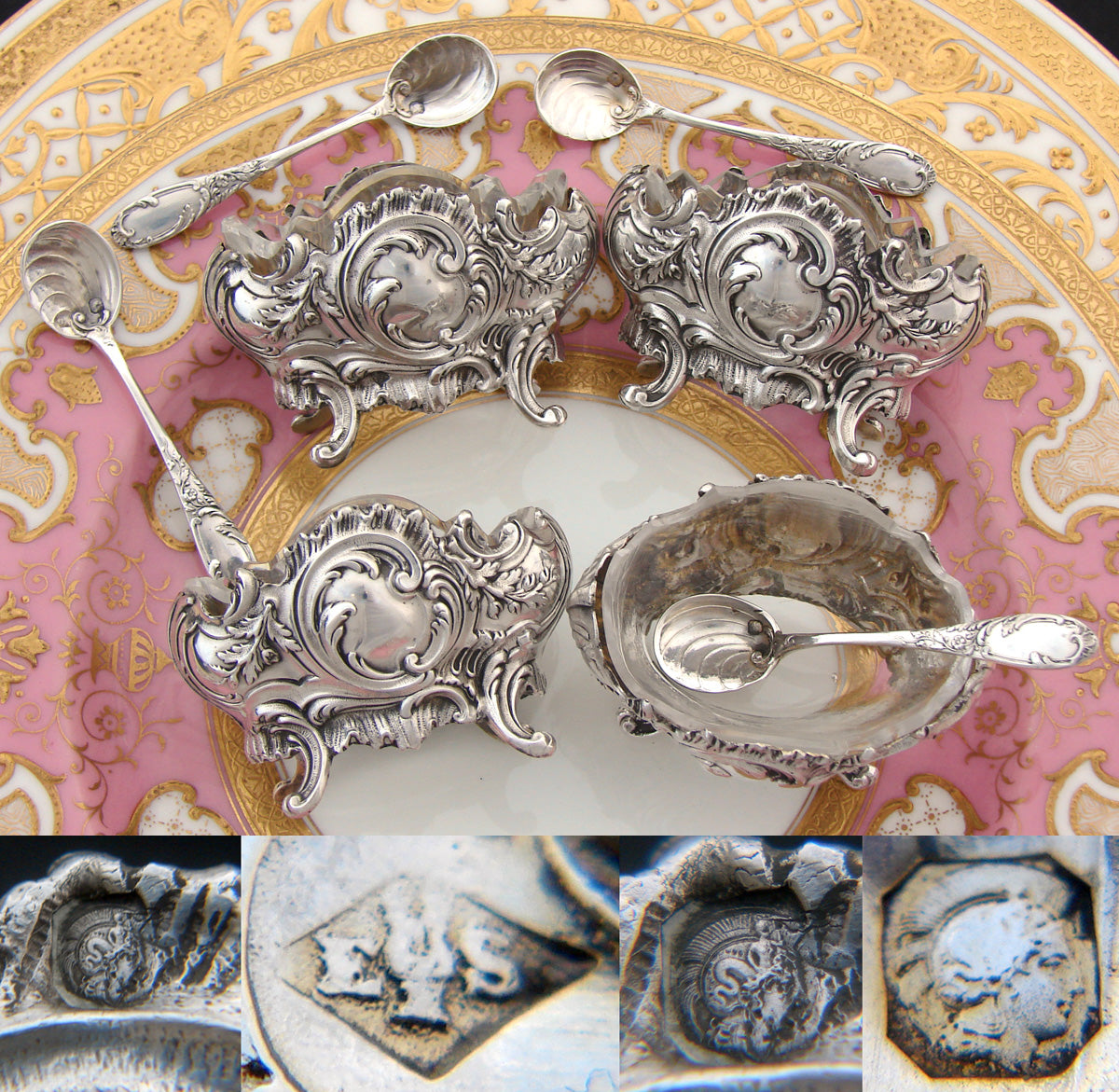 Gorgeous Antique French Rococo Sterling Silver 4pc Open Salt Set with Spoons & Original Box