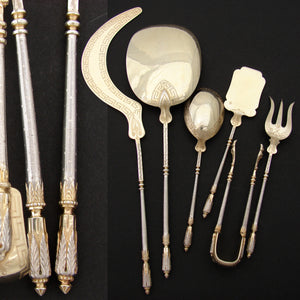 Antique French 18k Gold on .800 (nearly sterling) Silver "Vermeil" 6pc Ice Cream & Hors d'Ouevre Serving Utensil Set, in Box