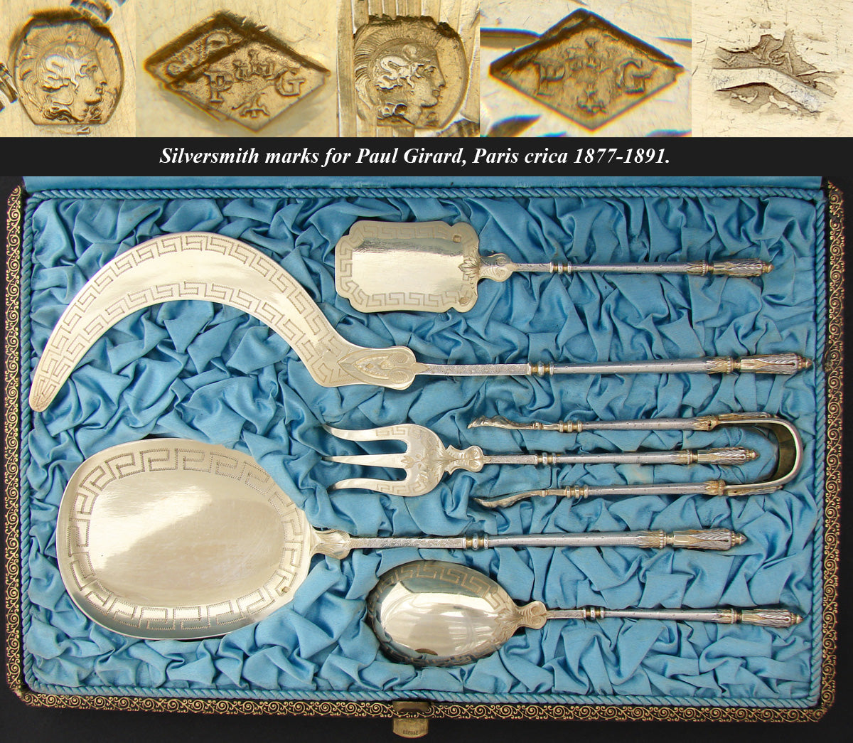 Antique French 18k Gold on .800 (nearly sterling) Silver "Vermeil" 6pc Ice Cream & Hors d'Ouevre Serving Utensil Set, in Box