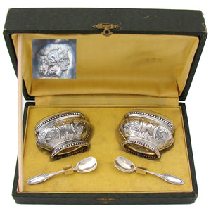 Pair Antique French Sterling Silver & Blown Glass Open Salts with Spoons, Orig. Box