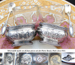 Pair Antique French Sterling Silver & Blown Glass Open Salts with Spoons, Orig. Box