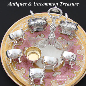 Antique French Louis XVI Era Sterling Silver & Glass Open Salt Pair, Mascarons, Ball & Claw Feet