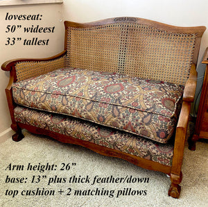 Antique Country French Parlor Set: Loveseat + Chair, Caned Back, Sides, Down Feather Seats