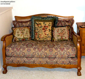 Antique Country French Parlor Set: Loveseat + Chair, Caned Back, Sides, Down Feather Seats