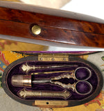 Fine Antique French Burl Wood Sewing Tools Case, Set with All Tools, Scissors, Thimble, Needle Case, etc