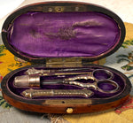 Fine Antique French Burl Wood Sewing Tools Case, Set with All Tools, Scissors, Thimble, Needle Case, etc