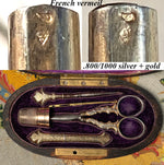 Fine Antique French Burl Wood Sewing Tools Case, Set with All Tools, Scissors, Thimble, Needle Case, etc