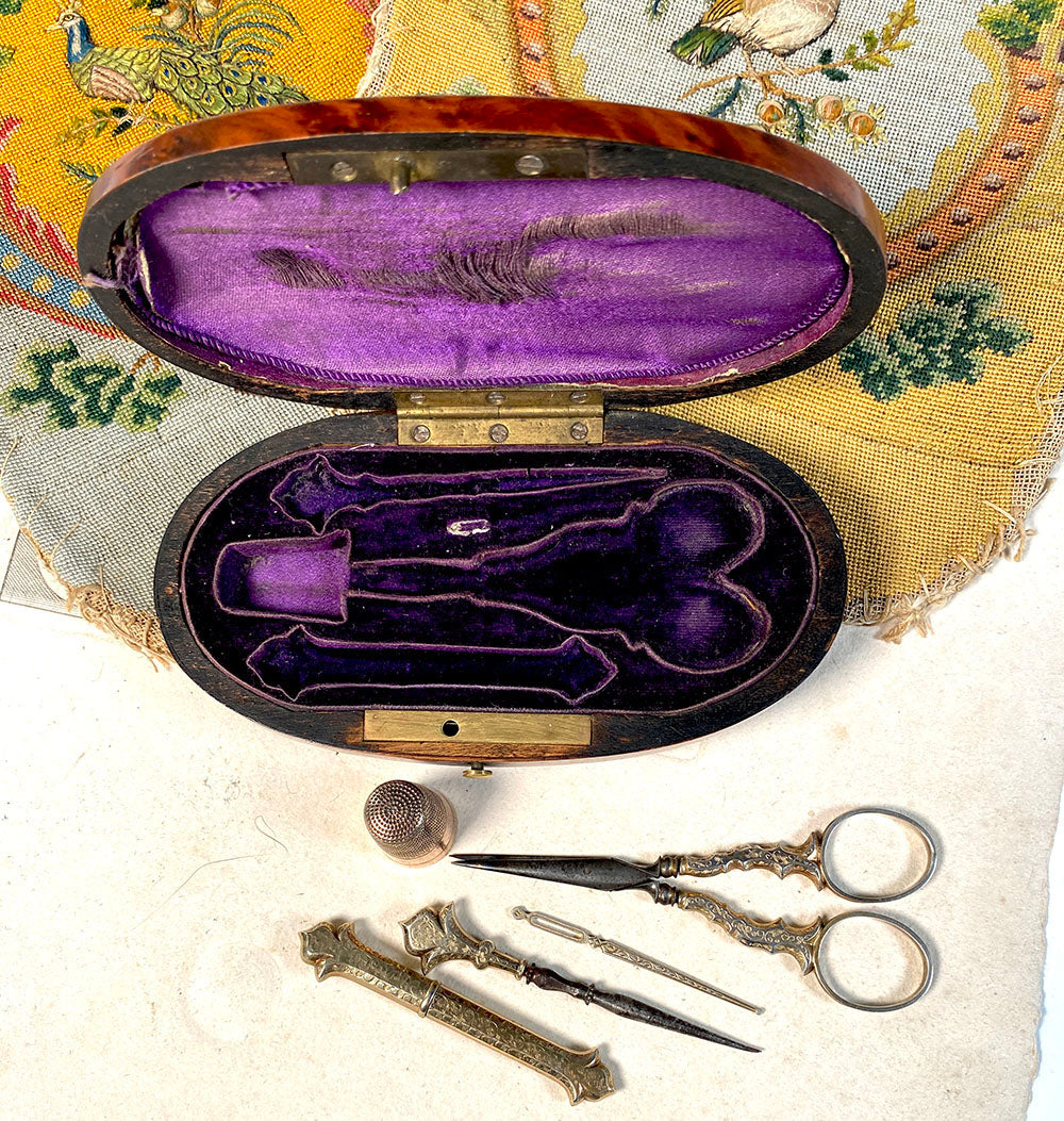 Fine Antique French Burl Wood Sewing Tools Case, Set with All Tools, Scissors, Thimble, Needle Case, etc