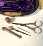 Fine Antique French Burl Wood Sewing Tools Case, Set with All Tools, Scissors, Thimble, Needle Case, etc