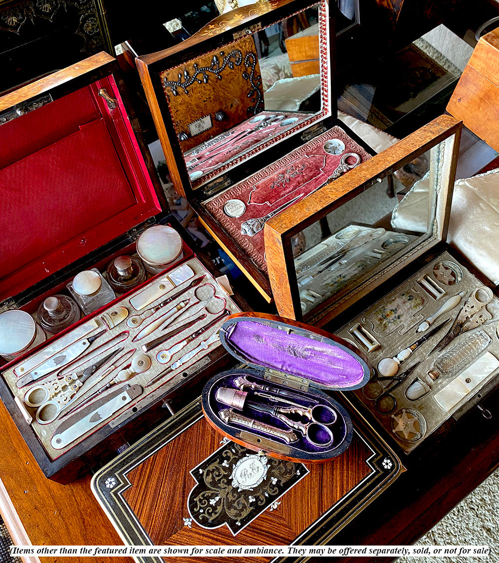 Fine Antique French Burl Wood Sewing Tools Case, Set with All Tools, Scissors, Thimble, Needle Case, etc