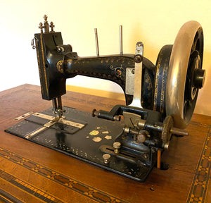 RARE c.1878 Mother of Pearl Inlaid Gritzner Treadle Sewing Machine, Complete in Elegant Cabinet