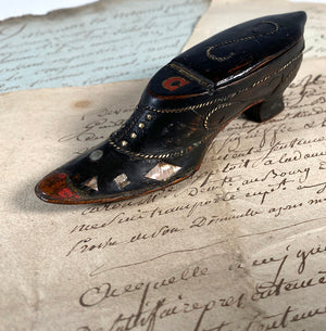 Rare 18th Century French Hand Carved Shoe or Boot Snuff, Pique and Mother of Pearl Inlay