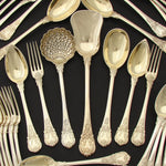 RARE Antique French 67pc 18k Gold on Sterling Silver Vermeil Flatware Set, Crown Top Armorial Familial Heraldry