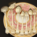 RARE Antique French 67pc 18k Gold on Sterling Silver Vermeil Flatware Set, Crown Top Armorial Familial Heraldry