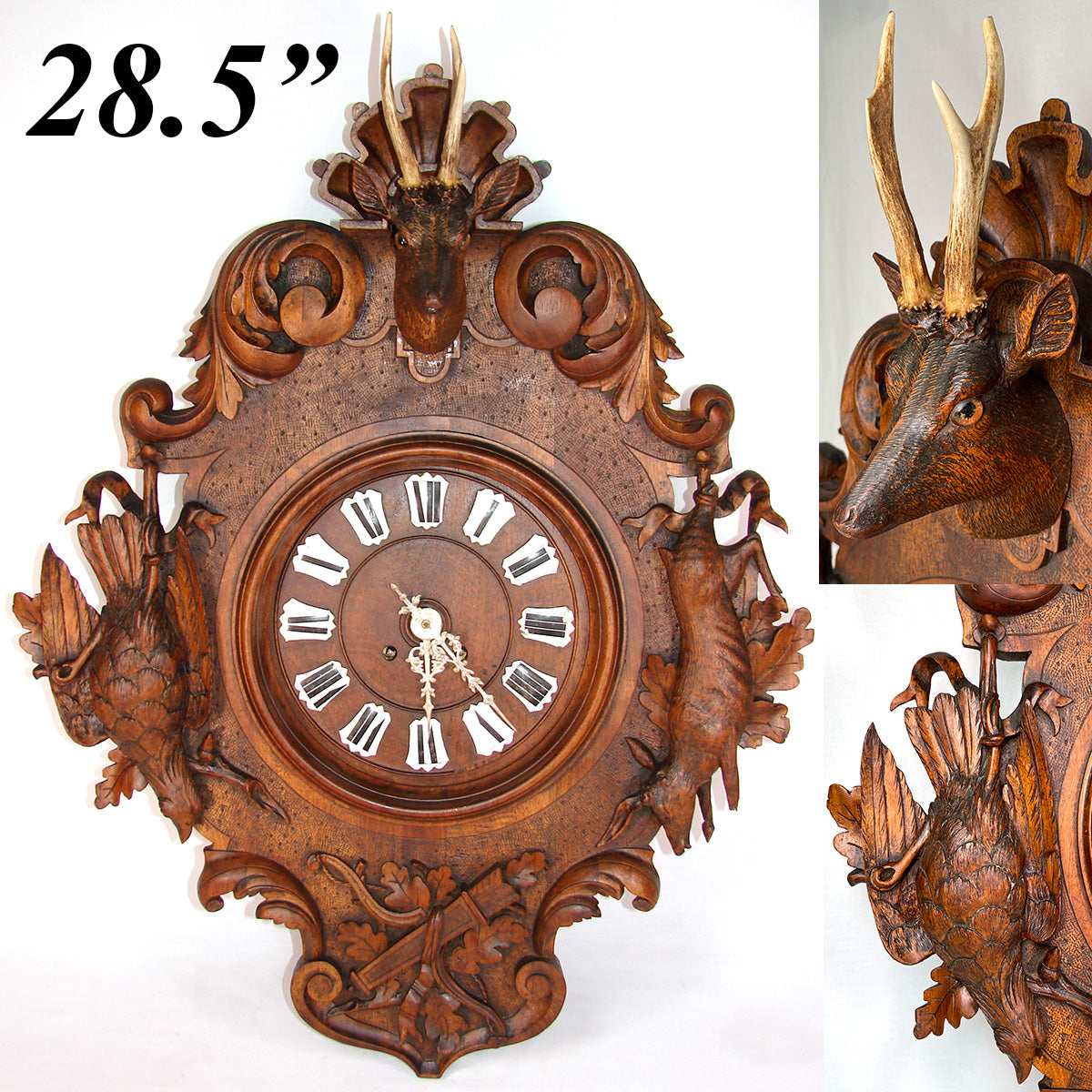 Exq Antique Black Forest Carved 28.5" Wall Clock, Fruits of the Hunt Themed Deer & Game Hen or Bird