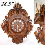 Exq Antique Black Forest Carved 28.5" Wall Clock, Fruits of the Hunt Themed Deer & Game Hen or Bird