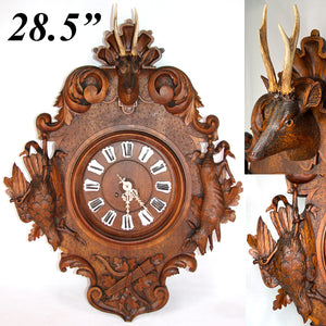 Exq Antique Black Forest Carved 28.5" Wall Clock, Fruits of the Hunt Themed Deer & Game Hen or Bird