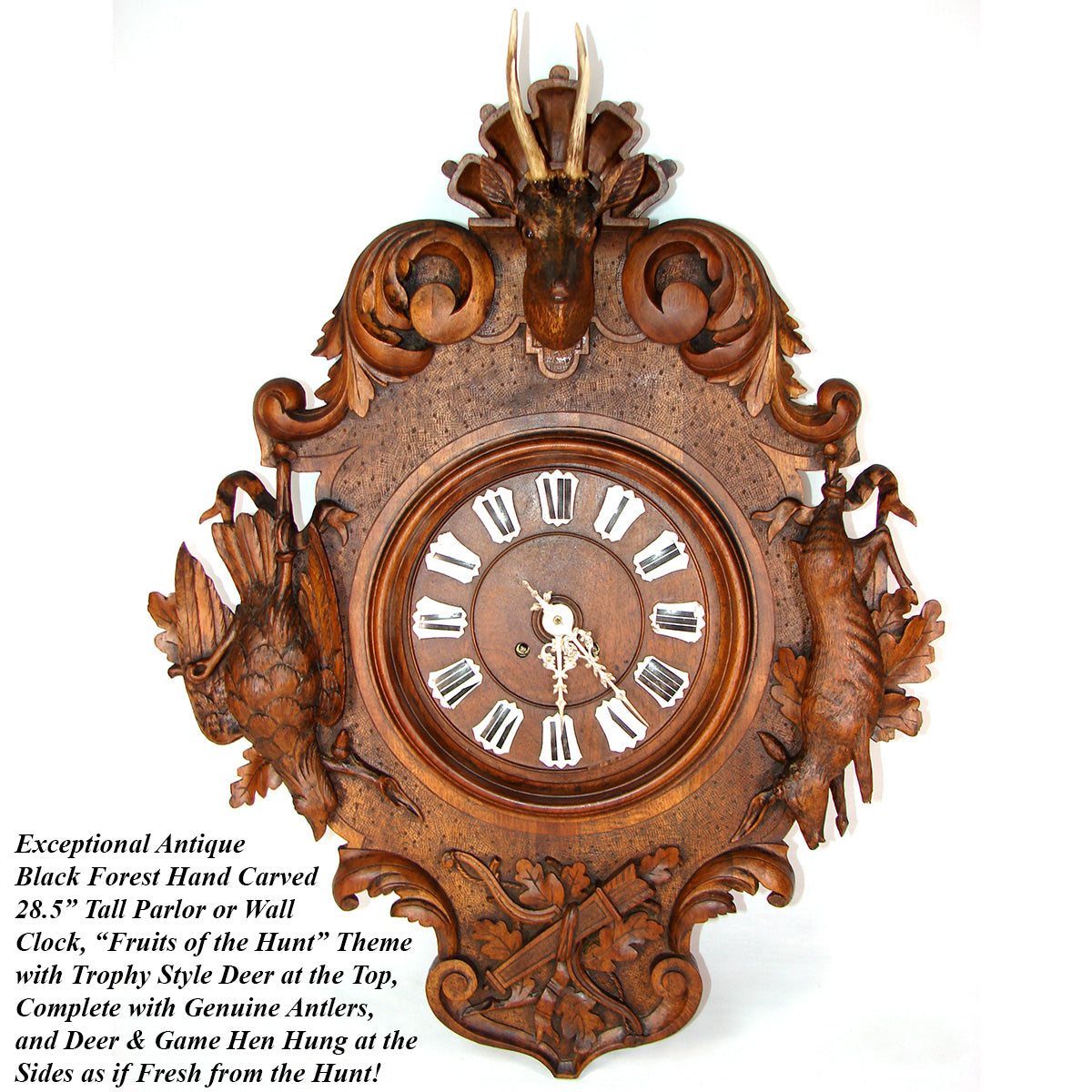 Exq Antique Black Forest Carved 28.5" Wall Clock, Fruits of the Hunt Themed Deer & Game Hen or Bird