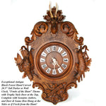 Exq Antique Black Forest Carved 28.5" Wall Clock, Fruits of the Hunt Themed Deer & Game Hen or Bird