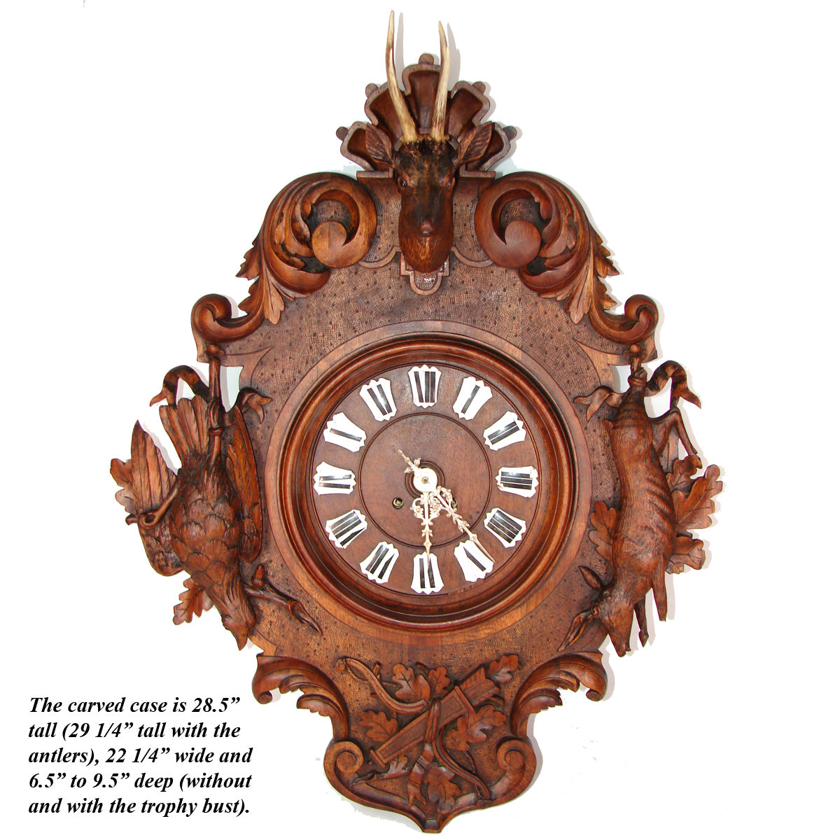 Exq Antique Black Forest Carved 28.5" Wall Clock, Fruits of the Hunt Themed Deer & Game Hen or Bird