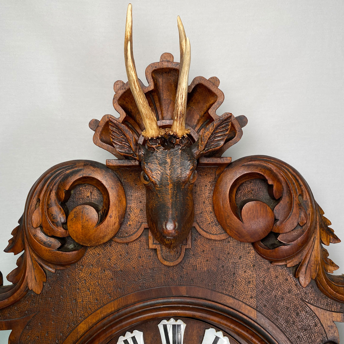 Exq Antique Black Forest Carved 28.5" Wall Clock, Fruits of the Hunt Themed Deer & Game Hen or Bird