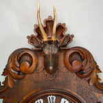 Exq Antique Black Forest Carved 28.5" Wall Clock, Fruits of the Hunt Themed Deer & Game Hen or Bird