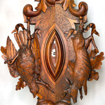 Exq Antique Black Forest Carved 28.5" Wall Clock, Fruits of the Hunt Themed Deer & Game Hen or Bird