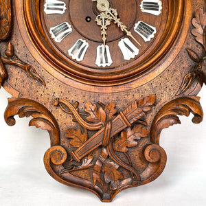 Exq Antique Black Forest Carved 28.5" Wall Clock, Fruits of the Hunt Themed Deer & Game Hen or Bird