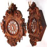 Exq Antique Black Forest Carved 28.5" Wall Clock, Fruits of the Hunt Themed Deer & Game Hen or Bird